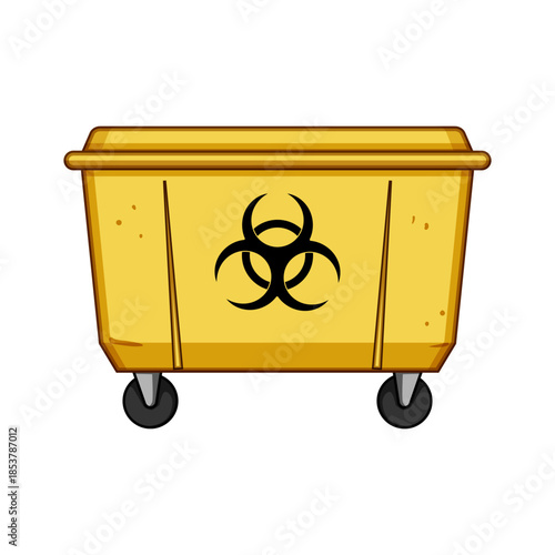Yellow industrial waste bin displaying a black biohazard symbol, designed for the proper and safe disposal of infectious medical materials and hazardous laboratory waste