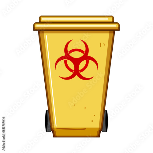 Yellow medical waste bin with red biohazard symbol for safe containment and disposal of hazardous, contaminated hospital and clinic materials to prevent infection and protect public health