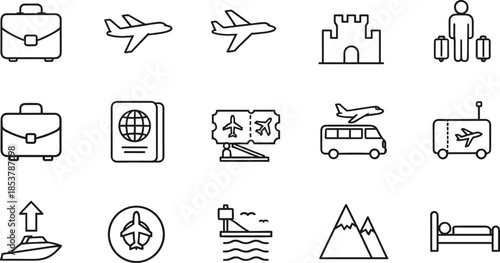 Set of thin line travel and tourism icons featuring airplane flight symbols suitcases passports boarding passes hotel beds and vacation destination elements isolated on white background 