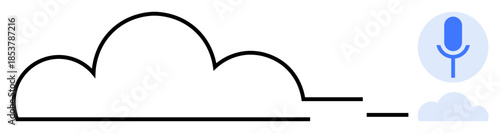 Cloud computing, voice recognition, data processing, remote access, online storage, speech commands. A black cloud line connected to a blue microphone icon. Cloud computing and voice recognition