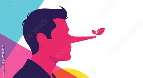 Profile silhouette of a man with an elongated nose featuring a small green sprout symbolizing lies, hidden truth, and personal growth.