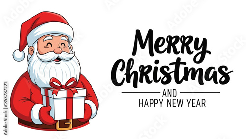 Merry Christmas and Happy New Year Celebration with Santa Claus Holding a Gift Box