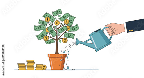 Human hand watering a potted plant growing dollar bills and gold coins representing financial growth, investment, and future success.