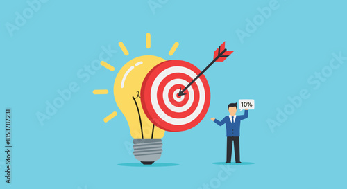 Small businessman standing next to a large glowing lightbulb and a bullseye target board representing targeted ideas and success.