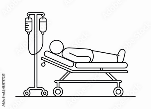 Medical patient lying on hospital bed with IV infusion stand
