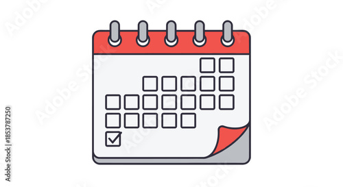 Stylized wall calendar icon with a red header and a checkmark on a specific date symbolizing effective planning and event completion.