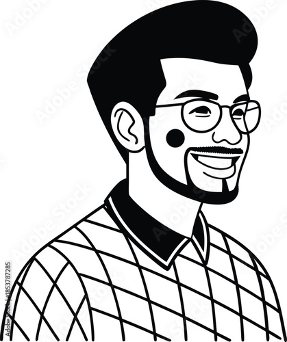 Smiling man with glasses and red mole on cheek in argyle sweater