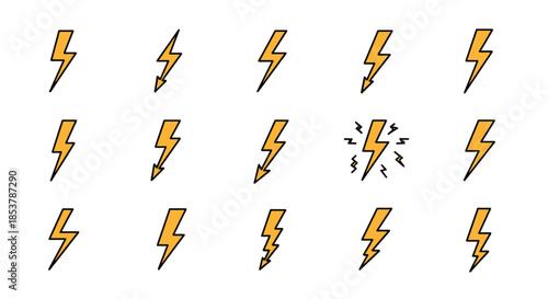 Collection of fifteen orange lightning bolt icons in various shapes and styles representing electricity, speed, and raw power.