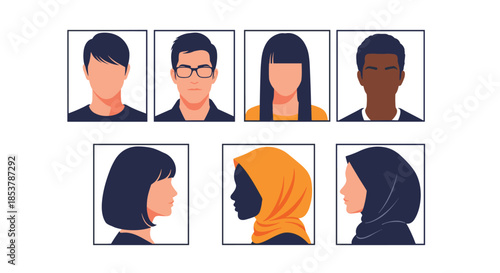 Grid of seven diverse portrait icons featuring men and women with different ethnicities, styles, and various head coverings.