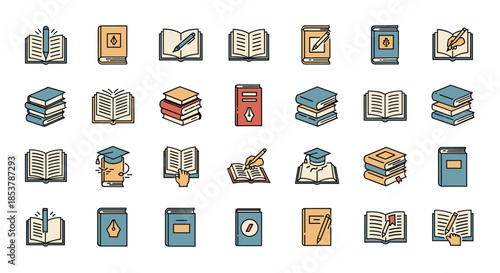 Comprehensive collection of colorful icons related to books, reading, writing, and education in various styles and formats.