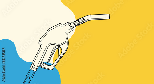 Line art illustration of a fuel gas pump nozzle set against a modern abstract background with vibrant blue and yellow shapes.