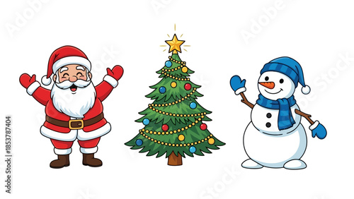 Festive Holiday Characters Santa Claus, Christmas Tree, and Snowman for Seasonal Celebrations and Winter Fun