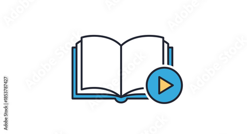 Digital learning concept featuring an open book with a blue play button icon representing online education and video tutorials.