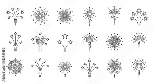 Collection of various firework line icons showing different explosion patterns and rocket designs for celebratory events and holidays.