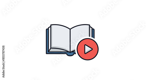 Stylized icon of an open blue book with a red play button circle overlay representing video learning and digital audiobooks.