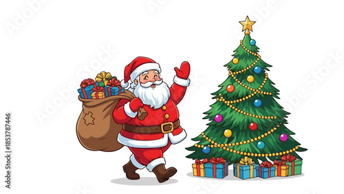 A jolly Santa Claus walking with his sack of presents next to a decorated Christmas tree, bringing festive cheer