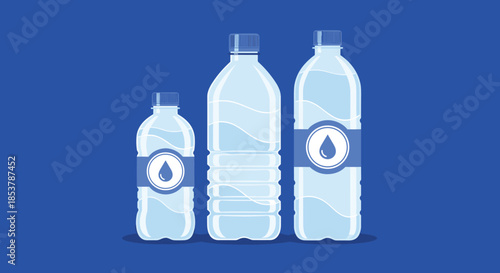 Set of three clear plastic water bottles in small medium and large sizes with blue caps and labels on a blue background.