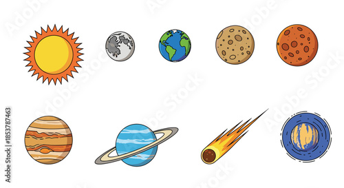 Solar system diagram showing the sun and various planets including earth mars jupiter and saturn with an asteroid and comet.