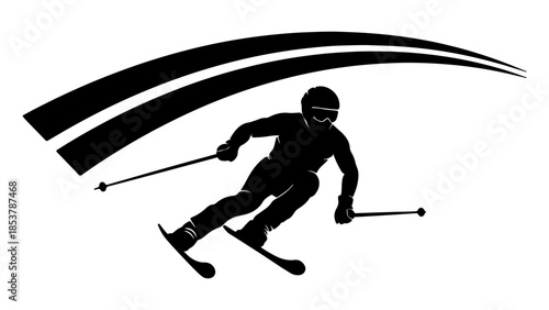 Dynamic downhill skier silhouette carving gracefully on mountain slopes, showcasing speed, agility, and the thrill of winter sports with an artistic, minimalist graphic design