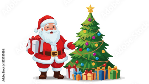 Santa Claus beside decorated Christmas tree holding gifts ready to spread holiday cheer
