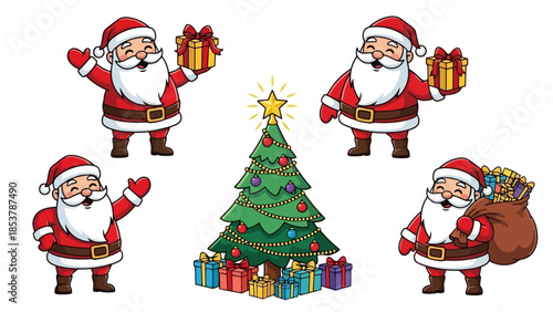 Festive Santa Claus Characters and Christmas Tree Illustrations for Holiday Designs