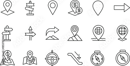 Set of black line icons for navigation and location featuring map pins, directional signposts, compass, world globe and steering wheel symbols.