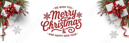 Merry Christmas and Happy New Year greeting banner with gift boxes and pine branches isolated on white background