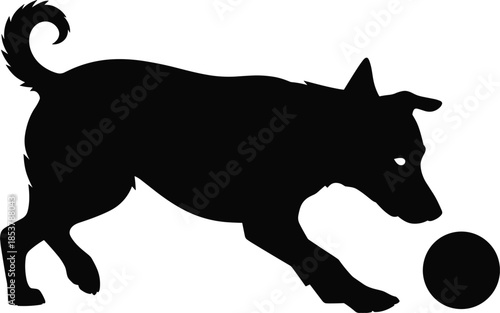 Black Silhouette of a Dog Playing with a Ball on White Background animal canine