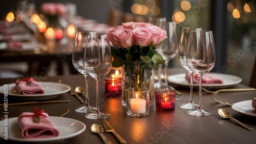 Elegant restaurant table setting with pink roses, gold cutlery and lit candles for a festive event