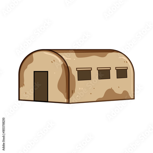 Military tent building, featuring a camouflage pattern and arched roof, providing shelter and a temporary base for operations or accommodations in a cartoon flat art style