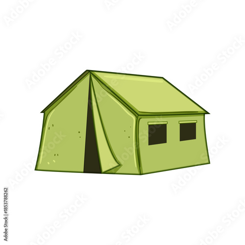 Green military tent used for camping, outdoor excursions, or providing temporary shelter in various environments, featuring an entrance flap and side windows