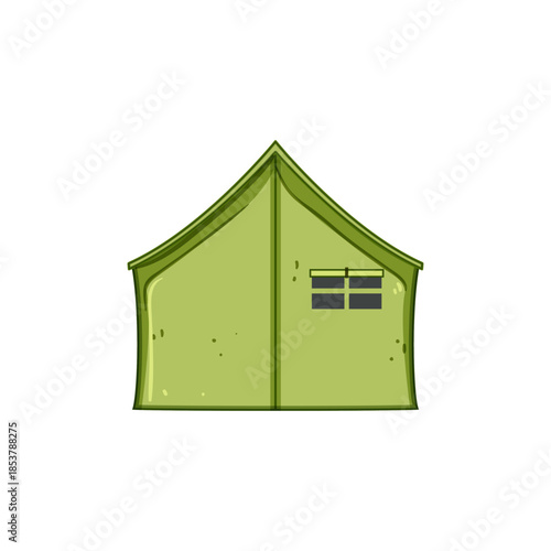 Military tent standing on white background, creating an isolated visual representation of temporary outdoor housing, camping structures, and emergency relief shelters