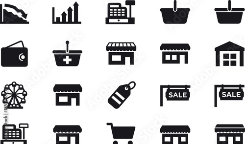 Set of black solid icons for retail business featuring store fronts, shopping baskets, sales signs, cash register, price tags and financial growth charts.