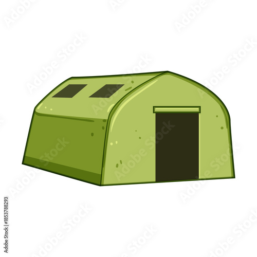 Military tent illustration representing concepts of army operations, temporary housing, and outdoor survival, depicted with a simple graphic style on a clean white background