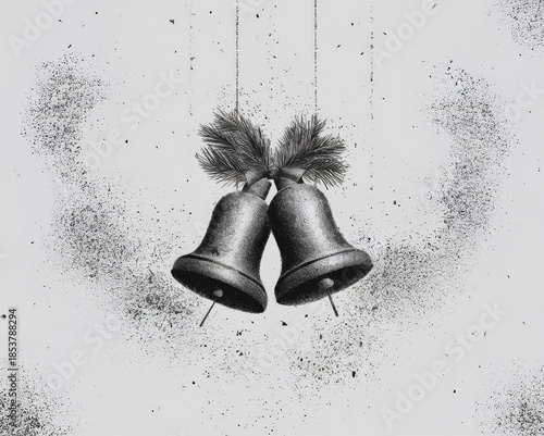 Elegant monochrome Christmas bells illustration. Pine foliage and festive dust particles, minimalist holiday season artwork greeting cards. Seasonal Vintage Jingle Bells Gritty Texture