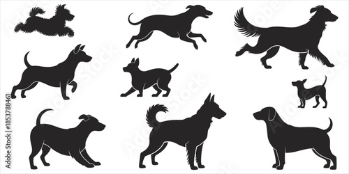 Diverse black dog silhouettes in dynamic poses on a white background dogs canine