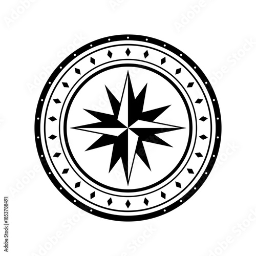 Stylized nautical compass rose vector illustrating concepts of guidance, exploration, and finding the right path, featuring a clean graphic design with decorative elements around a central star