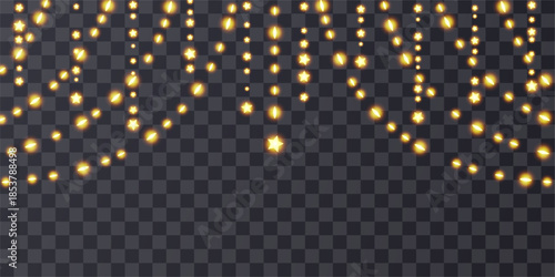 Light bulbs curtain, star festoon header. Fairy garland hanging strings. Ramadan lantern, chirstmas sky vector bg. Holiday lamp ball, gold glitter festive pattern. 3d wedding ornament. Lightbulb glow