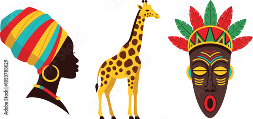 African culture vector set with silhouette of woman in headwrap, giraffe wildlife animal, and traditional tribal mask with colorful feathers.