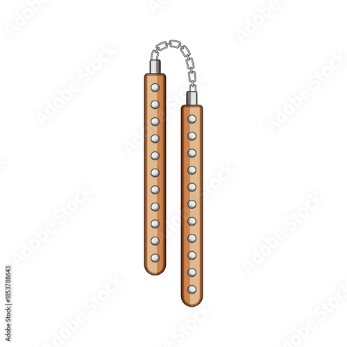 Traditional nunchaku weapon featuring connected wooden sticks with polished silver details, representing self defense and martial arts training equipment on a white background