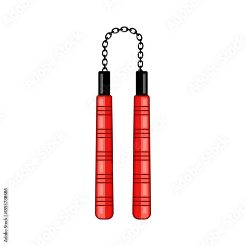 Red nunchaku vector illustration depicting a traditional okinawan martial arts weapon, featuring two batons connected by a metal chain, used for defense, training, and combat