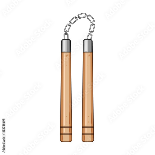 Traditional wooden nunchaku with blonde handles linked by a metal chain, isolated on white, martial arts training weapon symbolizing self defense, skill, power, and combat practice