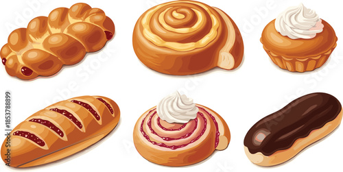 Assorted Bakery Product Set Featuring Sweet Cinnamon Rolls Chocolate Eclair Braided Jam Bread Cream Cupcake and Fruit Filled Pastries for Cafe