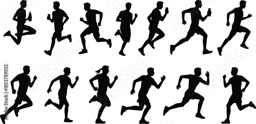 Silhouettes of men running in various poses with and without bottles and phones runner male