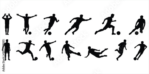 Silhouettes of Soccer Players in Action on a White Background Keywords: soccer, football, player, silhouette, action, sport