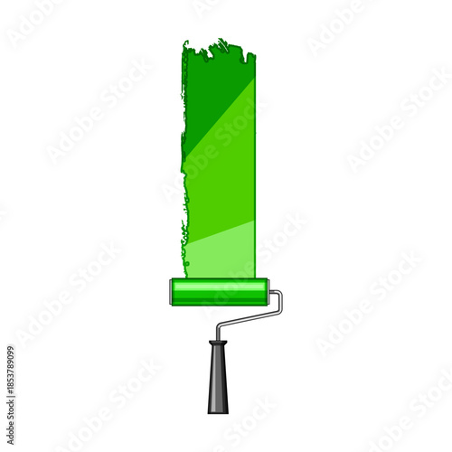 Paint roller applying a fresh vertical green paint strip, symbolizing home renovation, decoration, and a new beginning for design projects on a clean white background