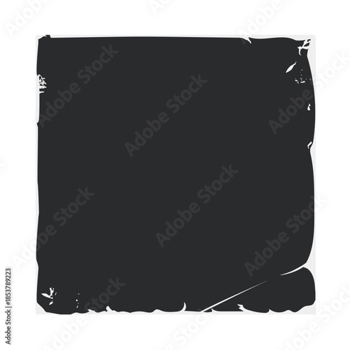 Black square grunge paper texture with distressed, torn edges and worn, scratched surface vintage album cover or background providing rough, dark copy space for design use