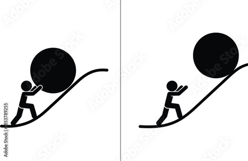 Stick figure pushing boulder up hill and boulder rolling down Keywords: stick figure, person, man, pushing, boulder, rock, hill