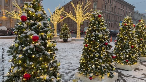 Saint Petersburg. Video of New Year and Christmas decorations in the form of a row of sparkling Christmas trees, illuminated trees on St. Isaac's Square on a winter snowy morning