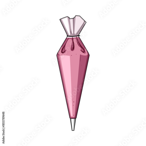 Pastry bag filled with pink icing, featuring a metal tip, symbolizing baking tools, dessert preparation, and homemade confectionery creativity on a white background